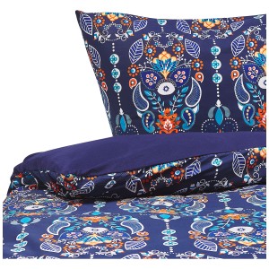 Set biancheria da letto Madrona, raso di cotone, blu scuro-arancio, motivo floreale.
