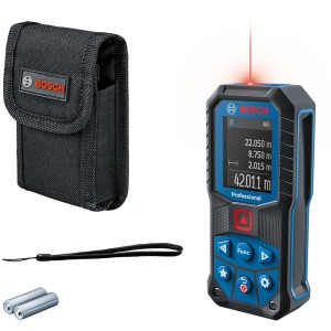Bosch Professional GLM 50-22 Laser-Entfernungsmesser mit Zubehör und rotem Laserpunkt.