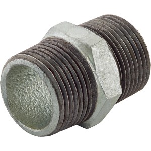 Raccordo in ghisa malleabile zincata 33,3 mm (R 1) con filettatura maschio per collegamento tubi.