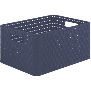 Panier de rangement Rotho Country bleu foncé 18l, aspect rotin. Boîte de rangement robuste en plastique.