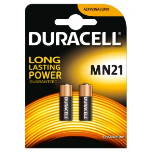 Batteria alcalina Duracell MN21 12V in blister, adatta per dispositivi di sicurezza e giocattoli.