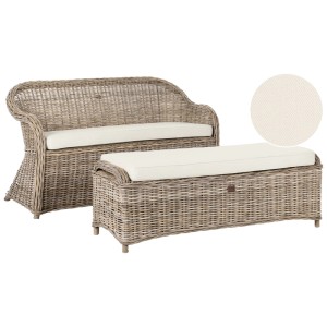 Banc de jardin Beliani Susua et ottoman en rotin naturel avec coussins clairs. Ensemble mobilier 2 pcs.