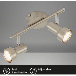 Faretto LED Briloner, 2 luci, nickel opaco, orientabile per soggiorno e camere da letto.