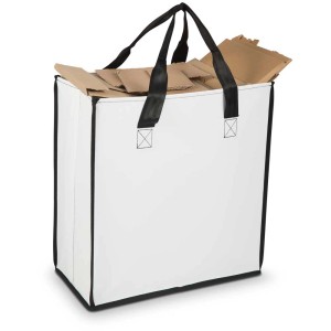 Borsa multiuso bianca Müllex Heavy Bag (50 l) riempita con cartone, manici neri.