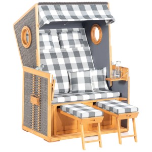 Nouvel Strandkorb Wismar avec hublot, bois/polyrattan, coussins à carreaux gris et blancs, repose-pieds extensibles.