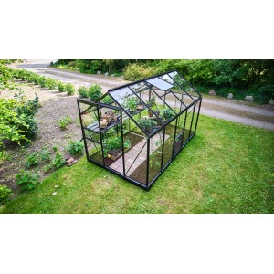 Serre noire Halls Popular 106 avec plantes sur pelouse.