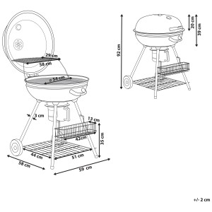 Schéma d'un barbecue à charbon noir Beliani Marapi en acier avec dimensions.