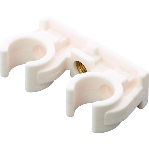 Clip doppio per tubi Ø 18 mm, set da 10, in plastica con manicotto filettato per fissare due tubi.