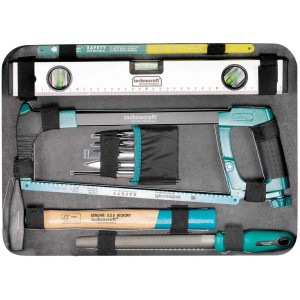Technocraft Werkzeugkoffer Pro Chrome 185, gefüllt mit Werkzeugen wie Hammer, Säge, Schraubendreher und Wasserwaage.