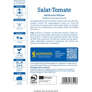 Sachet de graines de tomate salade Kiepenkerl Hellfrucht/Hilmar avec des informations sur la culture et la récolte.