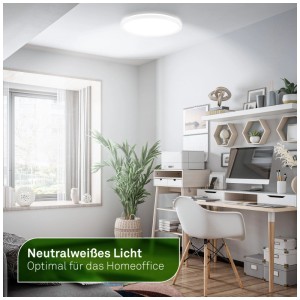 Panneau LED Brilo® Tava rond blanc avec lumière blanche neutre dans un bureau moderne.