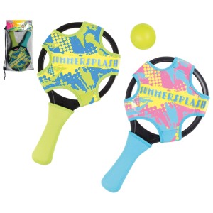 Set de beachball : 2 raquettes en néoprène avec motif splash et 1 balle jaune. Idéal pour la plage et le jardin.