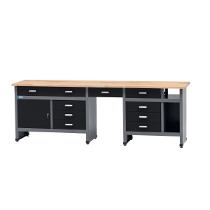 Banco da lavoro Küpper con 9 cassetti, anta e seduta, nero-grigio, con piano in legno di faggio.