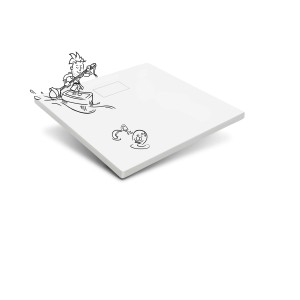 Receveur de douche carré blanc baliv DW-90.100E aspect pierre avec dessin humoristique.