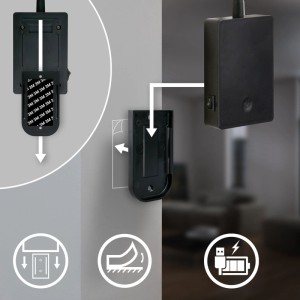 Brilo Akku-LED-Wandleuchte Smooth Schwarz: Klebemontage ohne Bohren, wechselbarer Akku, USB-Ladefunktion erklärt.