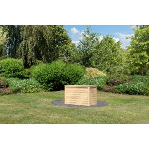 Letto rialzato in legno naturale Karibu, taglia 1 (82x133x69cm) in giardino.
