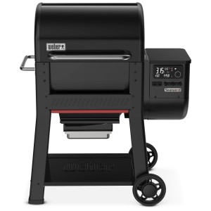 Barbecue à pellets Weber Searwood noir avec tablette latérale et contrôle digital.