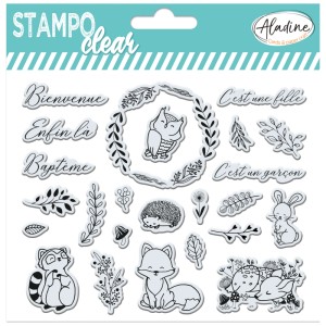 Aladine Clear Stamp Set Geburt mit Motiven wie Eule, Igel, Fuchs und Schriftzügen für Scrapbooking.