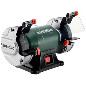 Meuleuse d'établi Metabo DS 125 M avec écrans pare-étincelles et supports de pièces réglables.