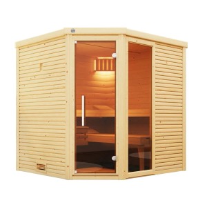 Sauna design Weka Cubilis 2 en épicéa avec porte en verre et kit d'éclairage pour sauna.