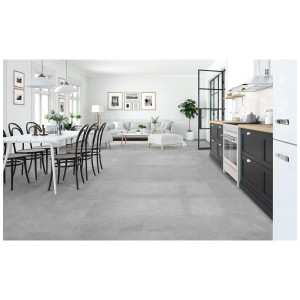 Spazioso soggiorno con piastrelle in gres porcellanato Vabene "Questo due Grigio" 60x60 cm.