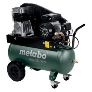 Compressore d'aria Metabo Mega 350-50 W verde con serbatoio da 50 L, ruote e maniglia per uso mobile.