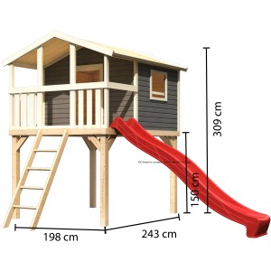 Karibu Maison sur pilotis Benjamin terragrau avec échelle en bois et toboggan rouge. Tour de jeux pour enfants.