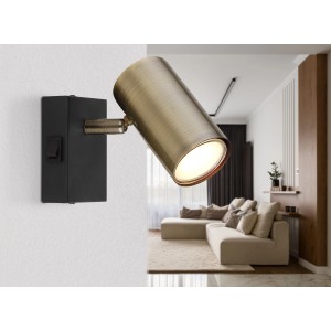 Faretto Globo Robby, 1 luce, nero opaco/ottone anticato, spot da parete con interruttore.