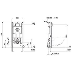 Laufen Ineo élément d'installation 112 cm avec réservoir encastré. Dessin technique pour WC suspendus, montre dimensions.