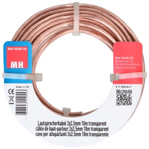 Câble de haut-parleur transparent 2x2,5 mm², longueur 10 m, enroulé.