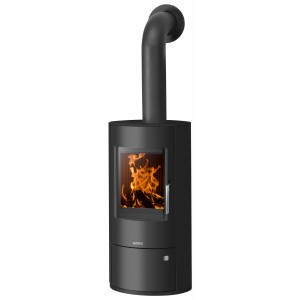 Poêle en acier noir Justus Austin 5 avec feu dans la chambre de combustion.