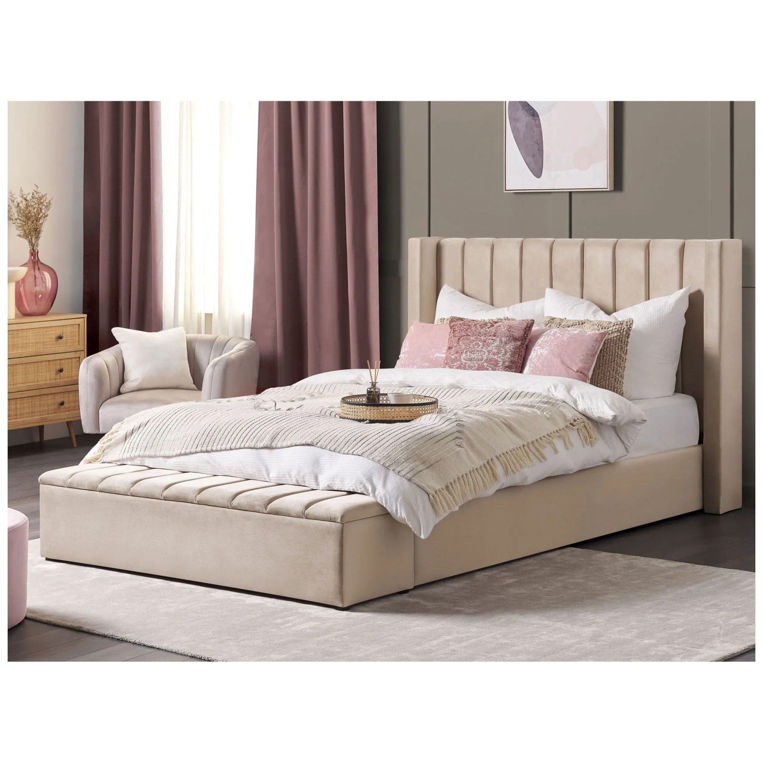 Lit avec coffre en velours beige clair 180 x 200 cm BATILLY Lit avec coffre en velours beige clair 180 x 200 cm BATILLY
