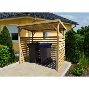 Weka bûcher 663 B Gr. 1 en bois avec toit monopente et deux poubelles à l'intérieur.
