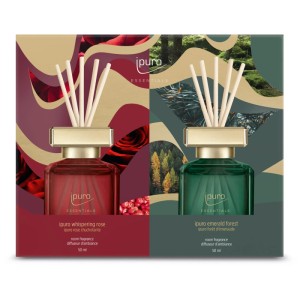 Set de parfum d'ambiance Ipuro Essentials avec 2 parfums (Rose, Forêt) en flacons élégants avec bâtonnets.