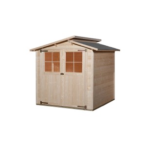 Abri de jardin en bois Weka 323 non traité avec toit à deux pentes décalé et double porte.
