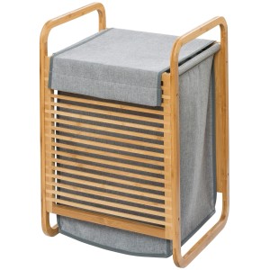 Cesto portabiancheria Wenko Bahari in bambù con sacco portabiancheria grigio e coperchio, capacità 43 litri.