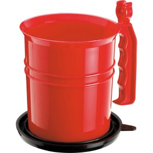 Pot de peinture rouge avec poignée et 5 pinceaux, idéal pour peindre.