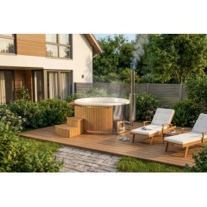 Bain nordique en bois Finntherm Stockholm Thermoholz, Ø 200 cm avec four en acier inoxydable sur terrasse en bois.