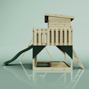 Torre gioco PolarPlay Tjorven con scivolo e altalena, legno naturale ed elementi verde scuro.