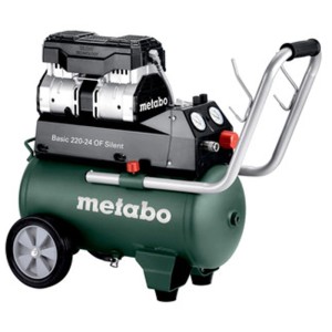 Compressore Metabo Basic 220-24 OF Silent verde con ruote, maniglia e manometri. Compressore silenzioso, mobile, 24l, senza olio.