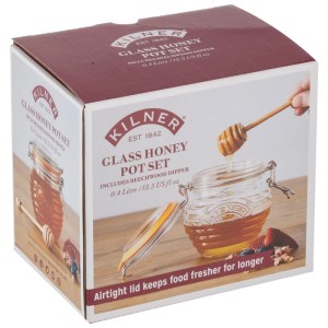 Set vasetto miele Kilner 400 ml con mestolo in legno nella confezione. Vaso in vetro trasparente con chiusura a clip.