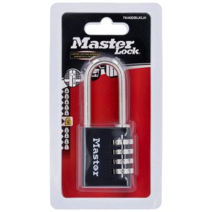 Master Lock Zahlen-Vorhängeschloss, 4-stellig, schwarz, mit langem Bügel (40mm) im Blister.
