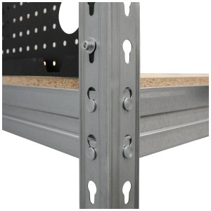 Vue détaillée : Établi AR Shelving Pro avec panneau perforé, galvanisé, système enfichable.