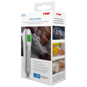 Reer Infrarot-Fieberthermometer zur Ohrmessung, verpackt im Karton mit Anwendungsbeispielen.