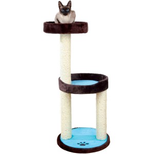 Arbre à chat Trixie Lugo, 103 cm, marron/turquoise avec chat sur la plateforme supérieure.