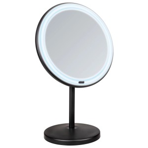 Miroir sur pied Wenko Onno, noir mat, avec éclairage LED et surface de miroir ronde.