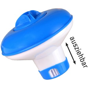 Distributeur de chlore flottant bleu et blanc pour pastilles de 20g, extensible.
