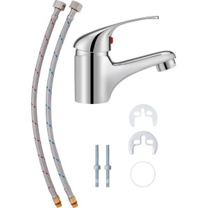 Miscelatore monocomando per lavabo Secchia cromato con tubi di collegamento e materiale di montaggio.
