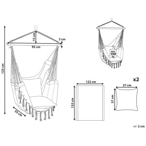 Disegno tecnico della sedia sospesa Beliani Bonea beige, con dimensioni e cuscini. Ideale per interni ed esterni.