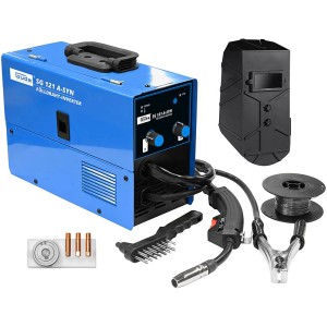 Poste à souder Güde SG 121 A-SYN à fil fourré avec accessoires comme masque et bobine de fil.